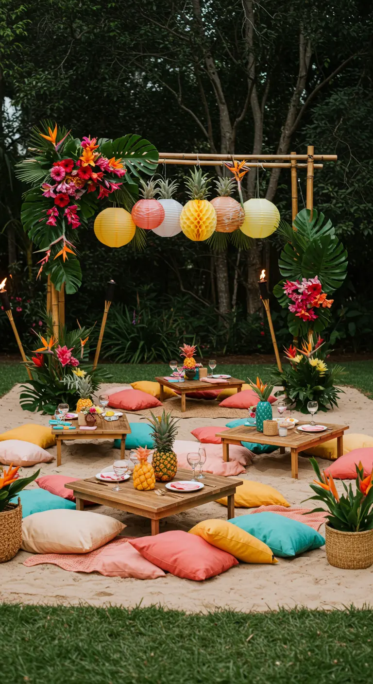 Décor de fête tropicale sur du sable avec une arche en bambou, des ananas et des coussins colorés.