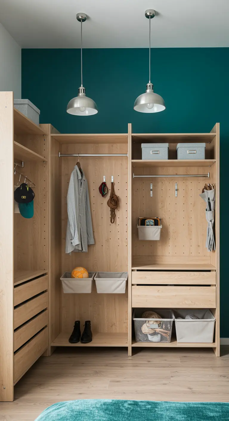 Dressing bois clair avec pegboard mural bleu et suspensions industrielles.