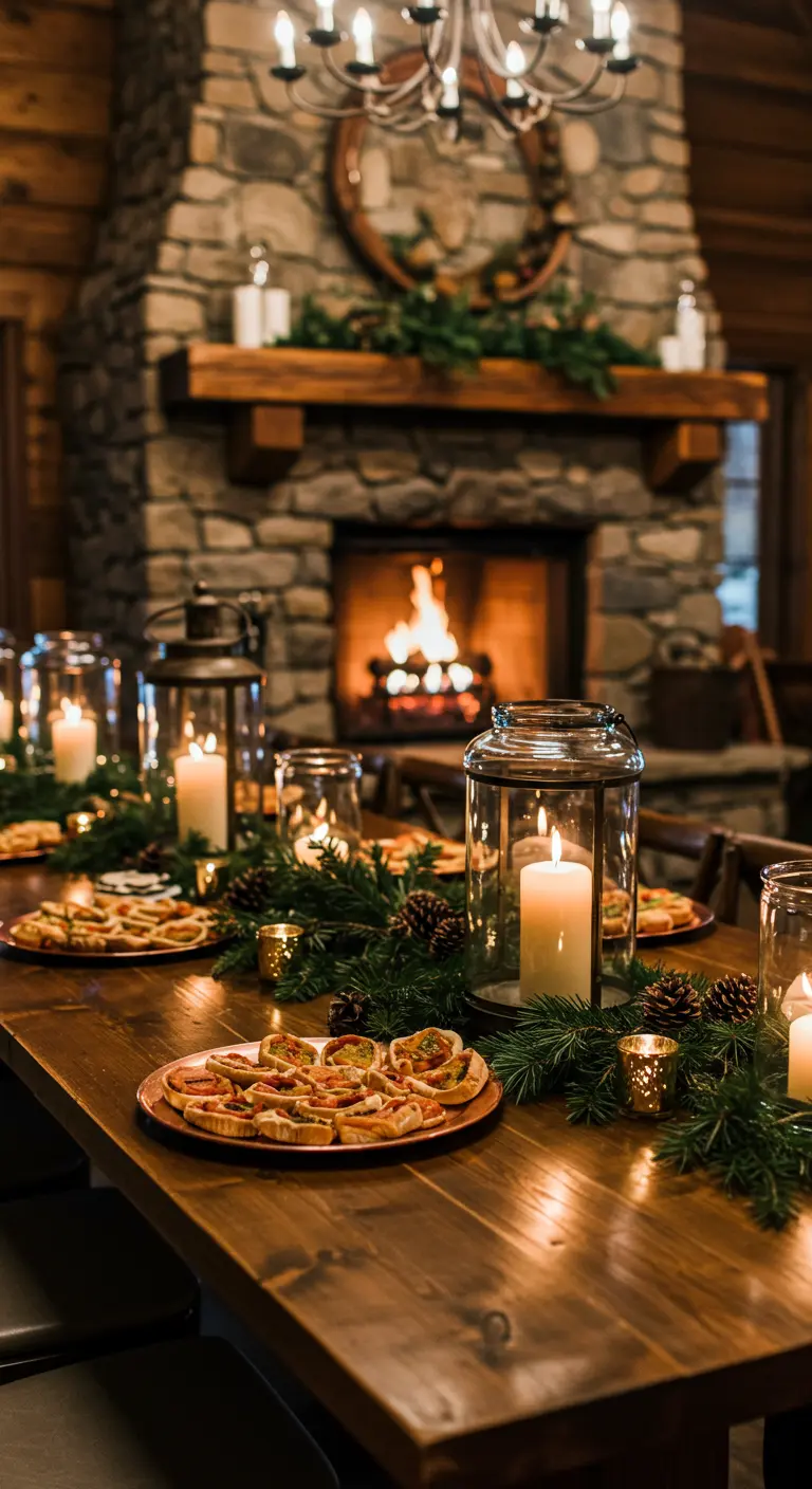 Table en bois devant une cheminée, décorée d'une guirlande de pin et de lanternes.
