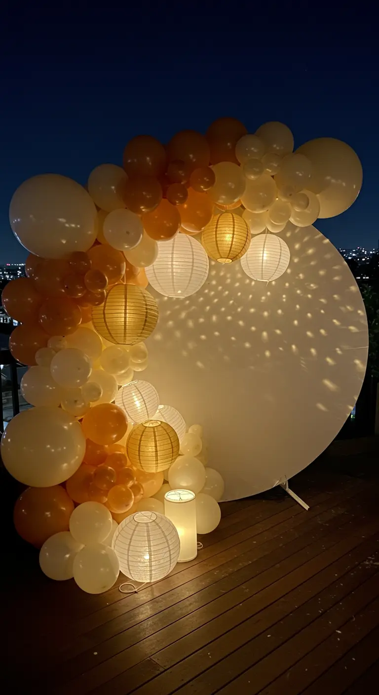 Arche de ballons orangés et blancs illuminée par des lampions en papier la nuit.