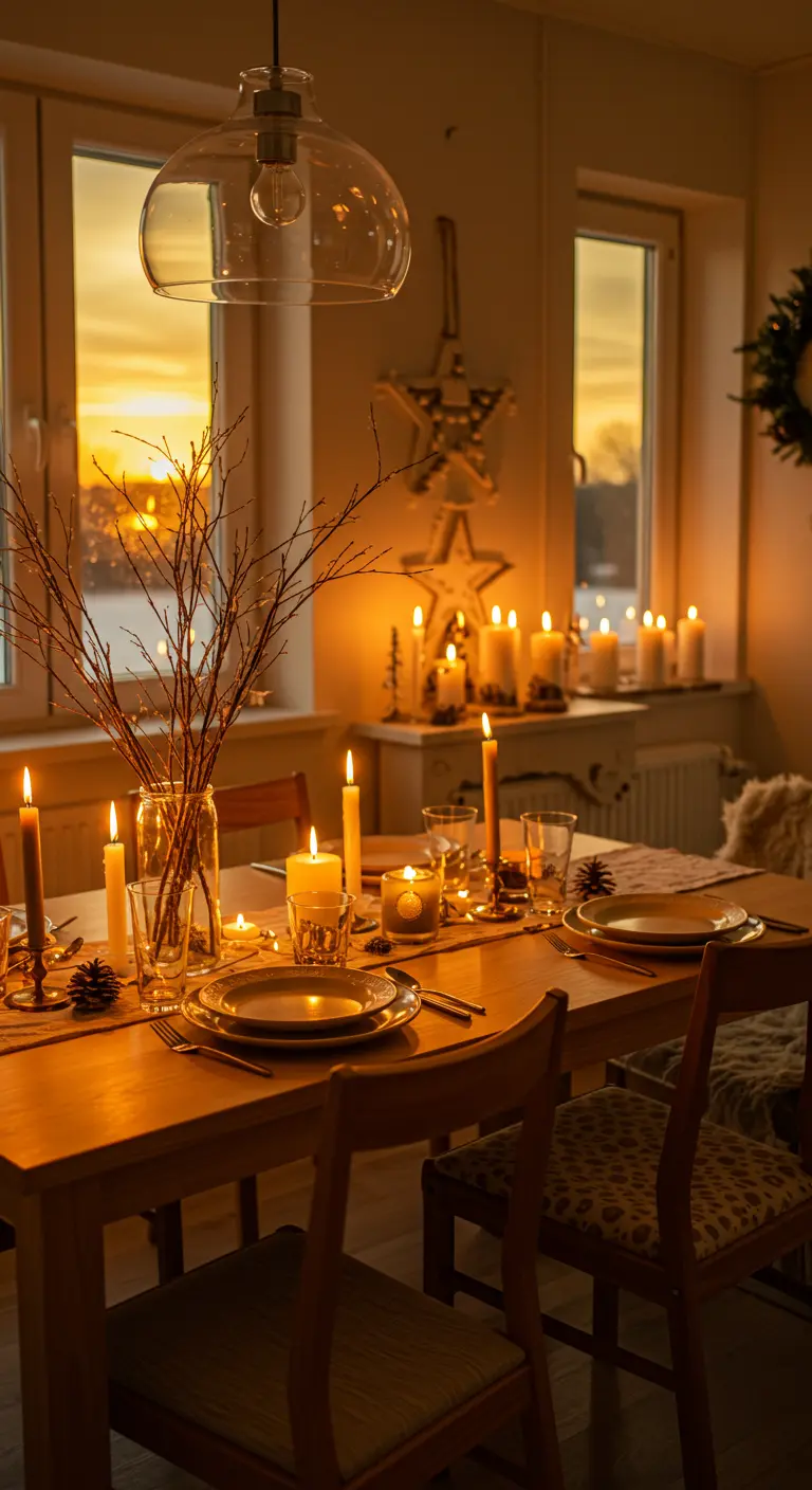 Table de Noël chaleureuse baignée dans la lueur dorée des bougies au crépuscule.