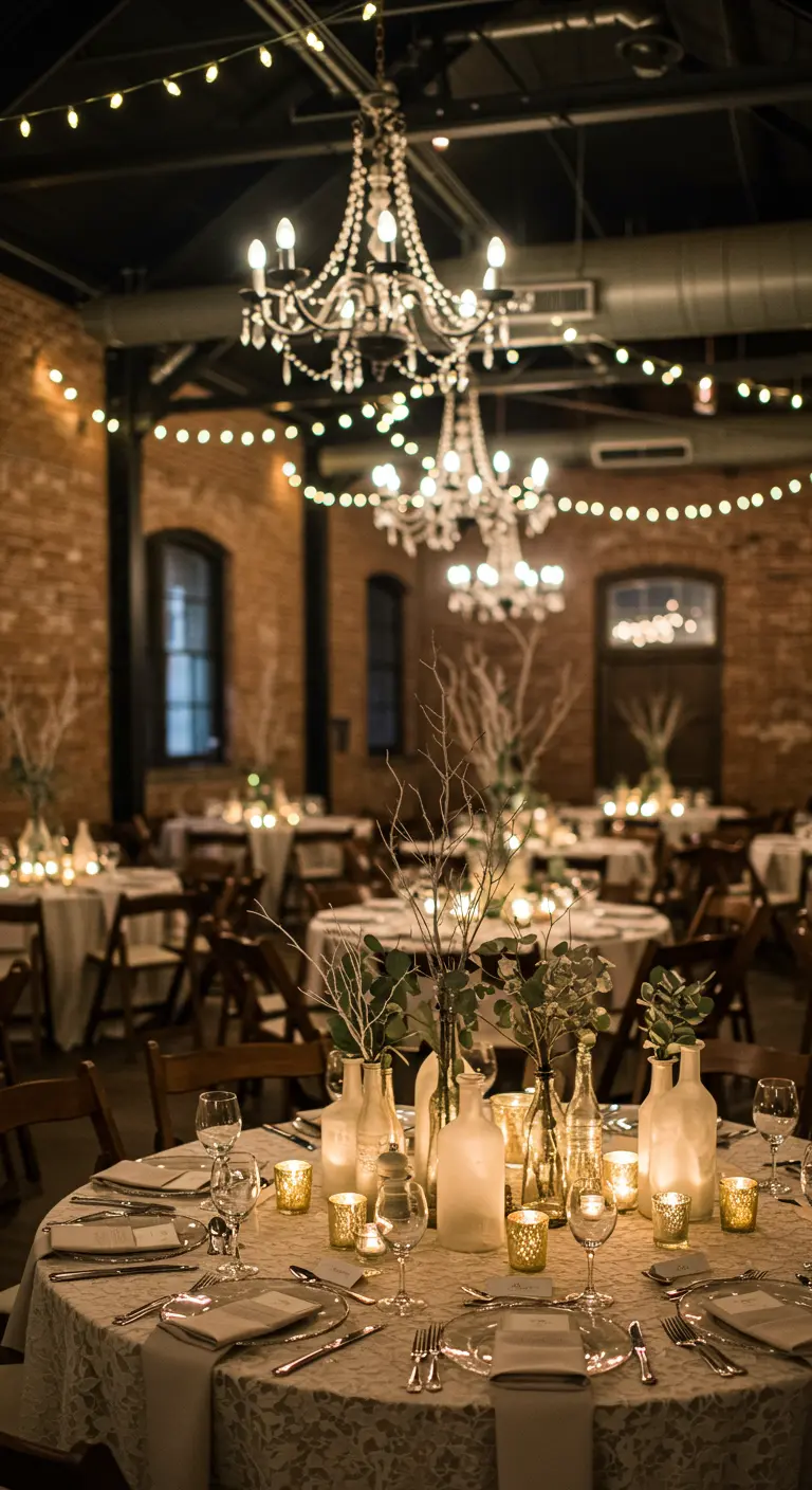 Tables rondes dans un cadre industriel-rustique, vases givrés, fleurs blanches et bougies dorées.