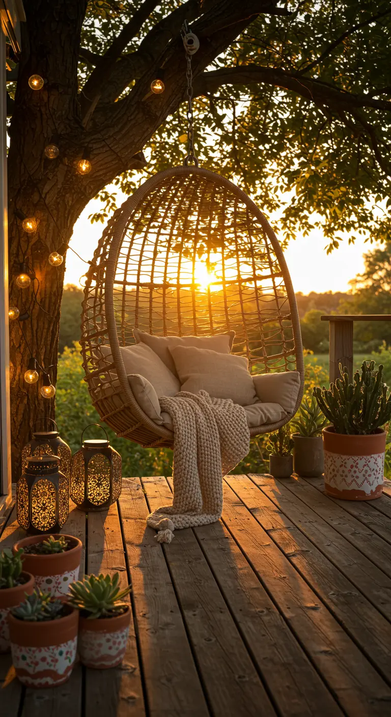 Fauteuil suspendu en rotin sous un arbre, éclairé par le soleil couchant.