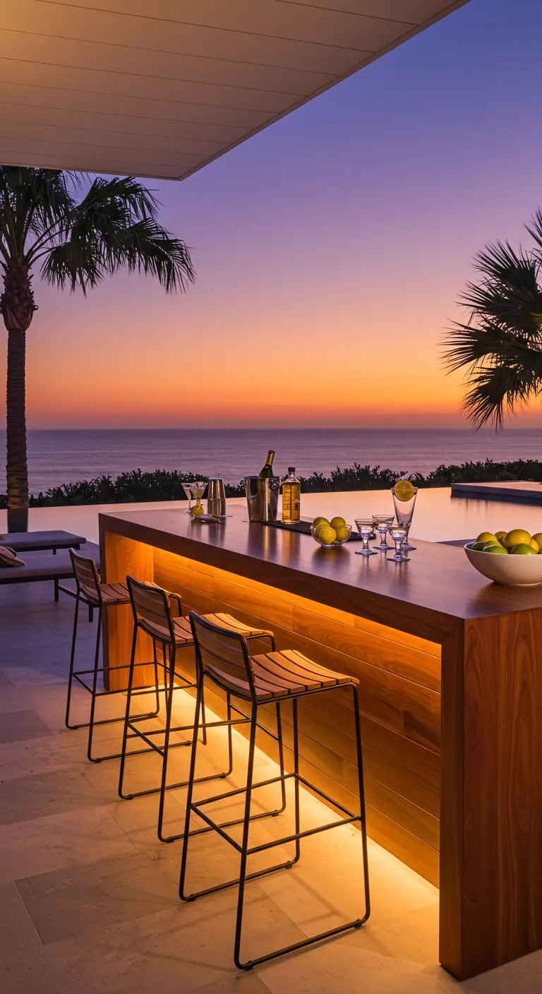 Bar extérieur en bois illuminé au bord d'une piscine au coucher du soleil.
