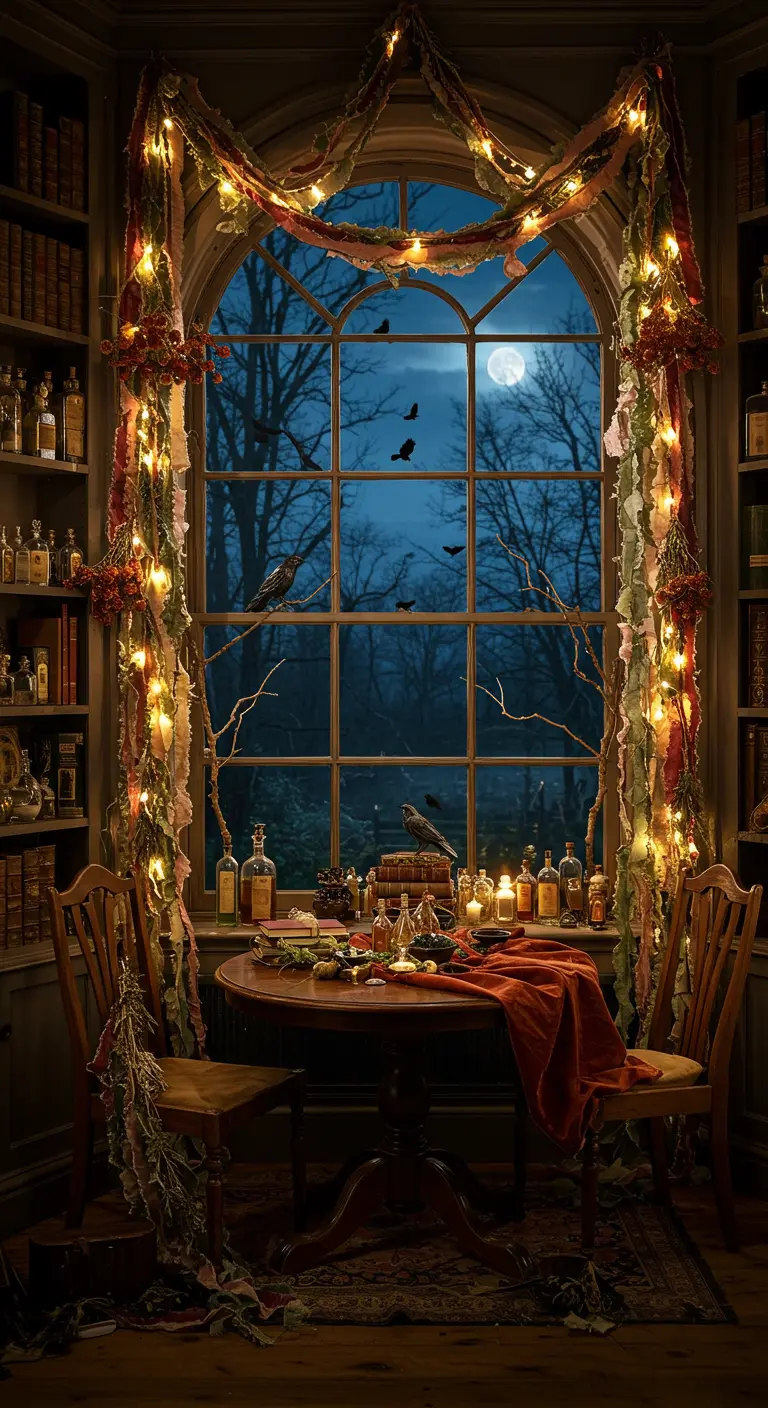 Fenêtre cintrée décorée de guirlandes lumineuses, branchages et silhouettes d'oiseaux.