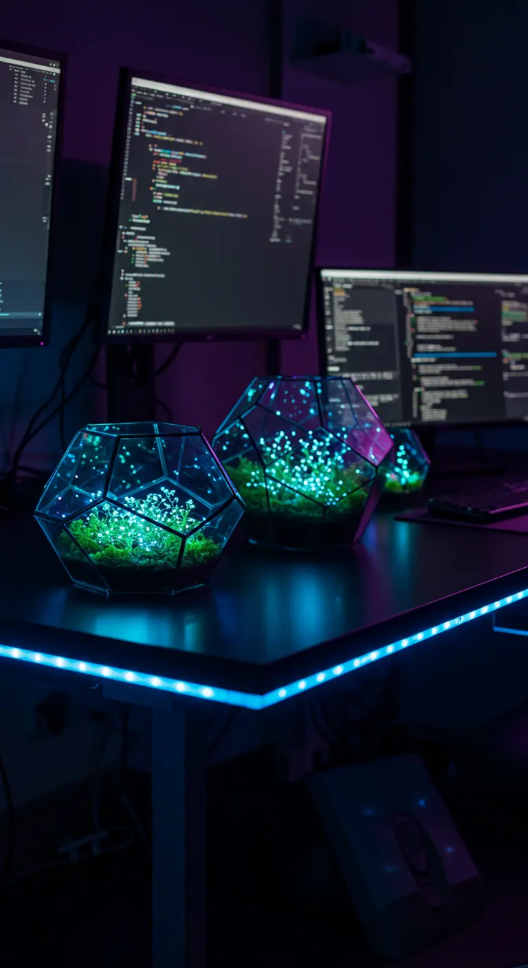 Terrariums géométriques lumineux avec des LED et plantes vertes, créant une ambiance futuriste sur un bureau.