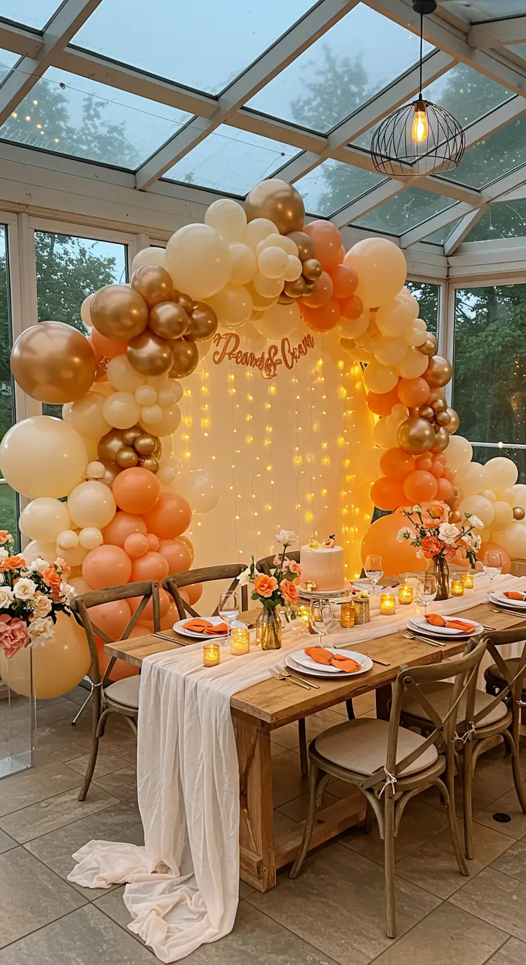 Arche de ballons pêche et or dans une véranda avec des guirlandes lumineuses.