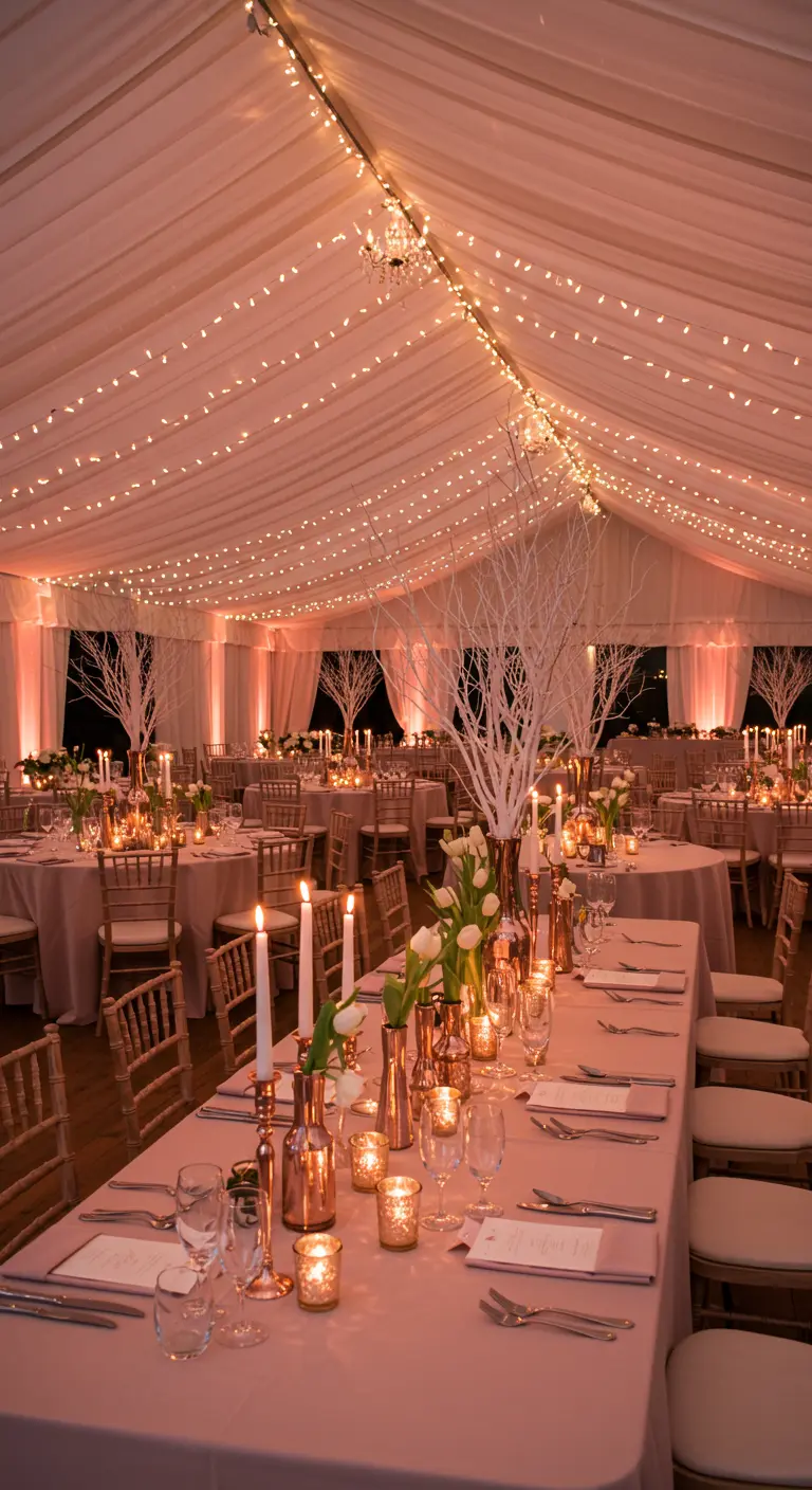 Table de mariage rose poudré avec des vases en cuivre, des branches blanches et des guirlandes.