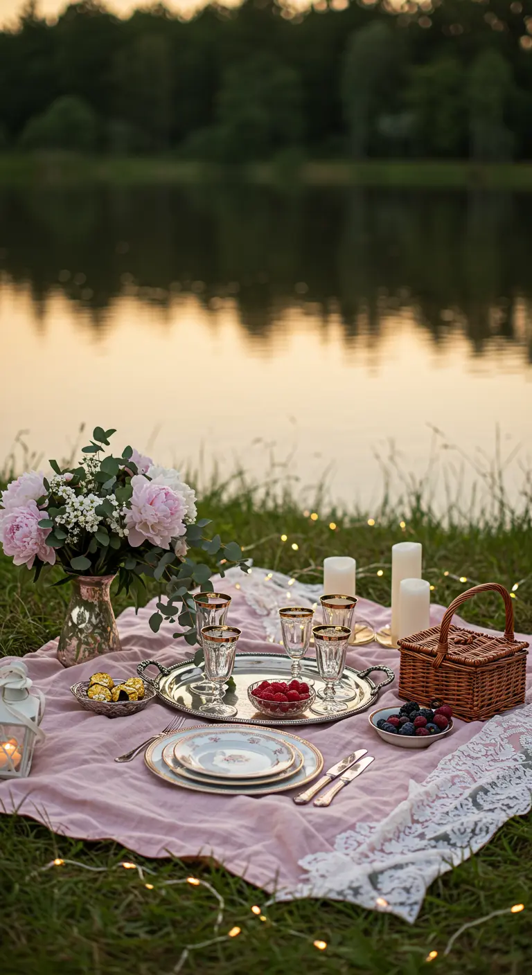 Pique-nique romantique au bord d'un lac avec nappe rose, guirlandes lumineuses, pivoines et bougies.