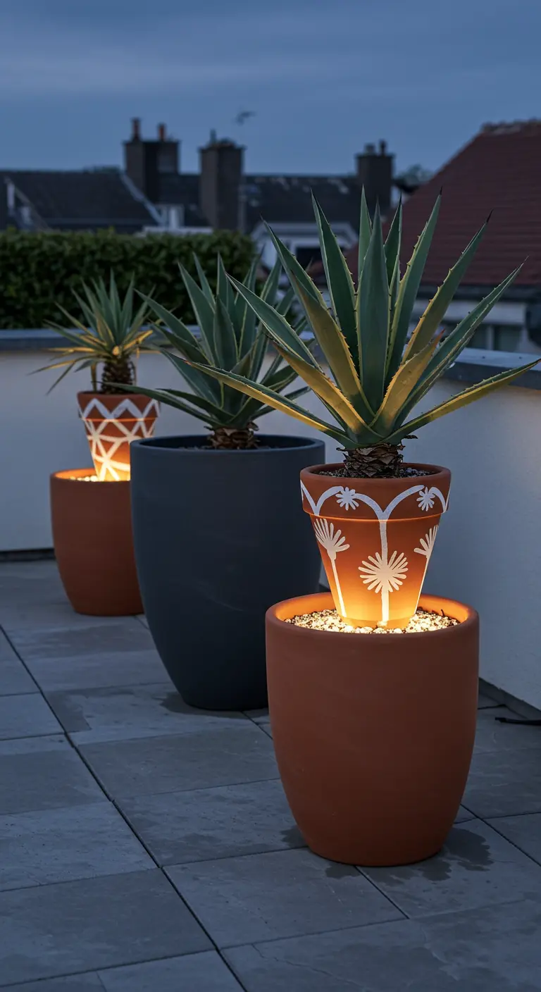 Grands pots de plantes grasses illuminés par le bas sur une terrasse.