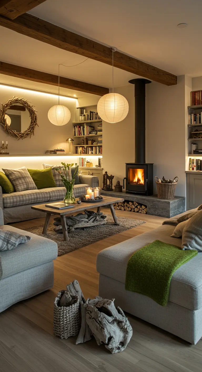 Salon moderne avec poêle à bois, lanternes en papier et bois flotté.