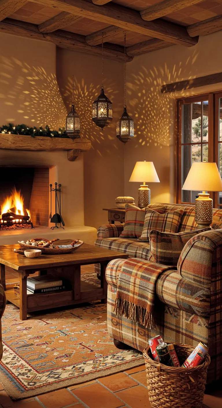 Salon de style sud-ouest avec des lanternes métalliques projetant des ombres.