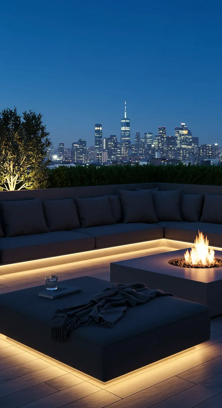 Terrasse moderne avec grand canapé, brasero et éclairage LED intégré.