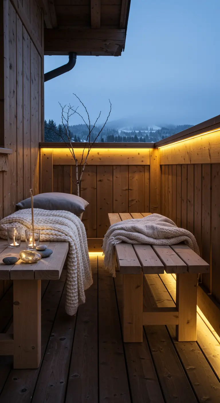 Balcon en bois clair avec éclairage LED intégré sous les bancs et la balustrade.