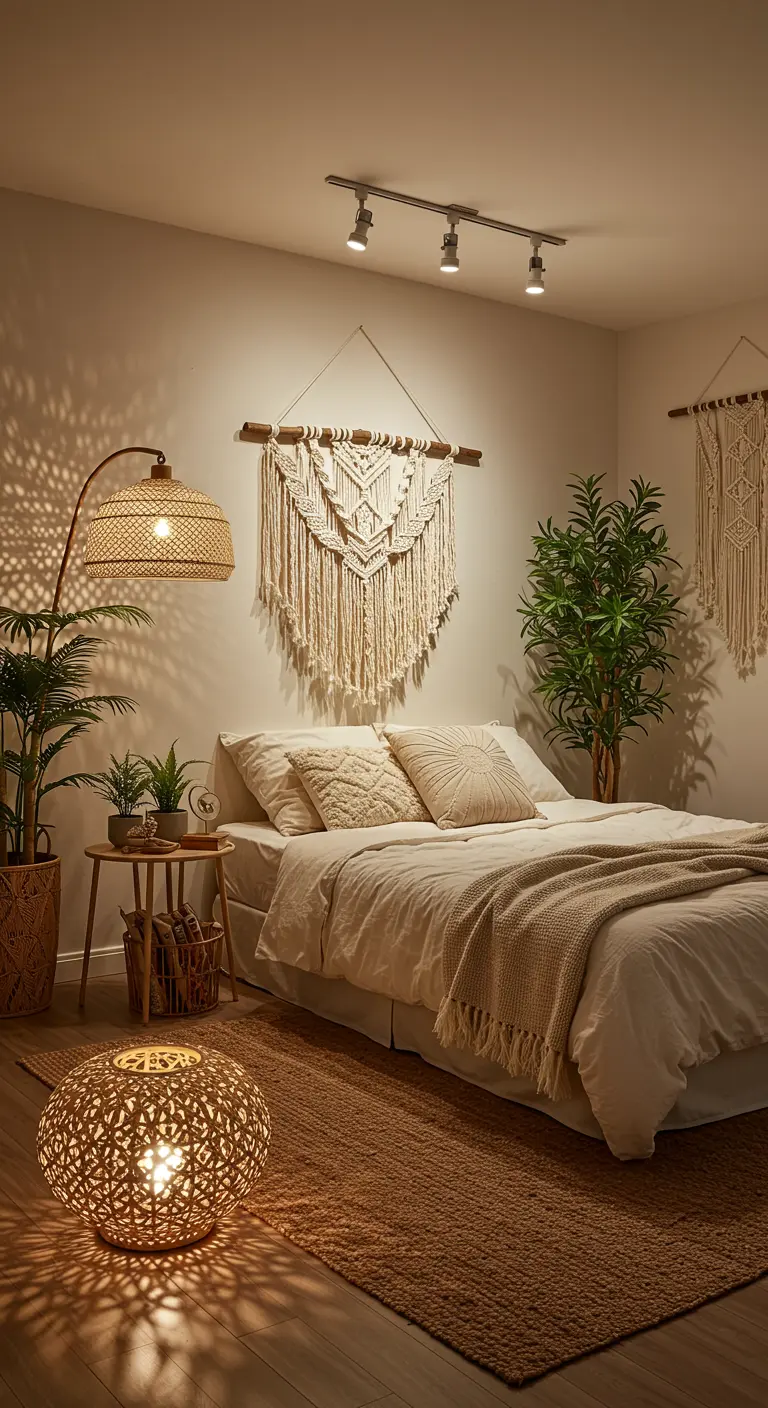 Chambre bohème avec lampes en rotin tressé et macramé au mur.