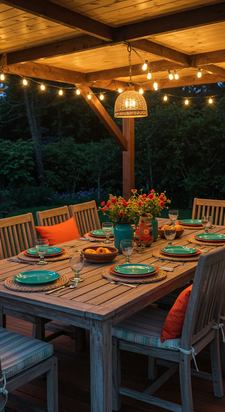 Table de dîner en plein air avec des assiettes turquoise et des guirlandes lumineuses.