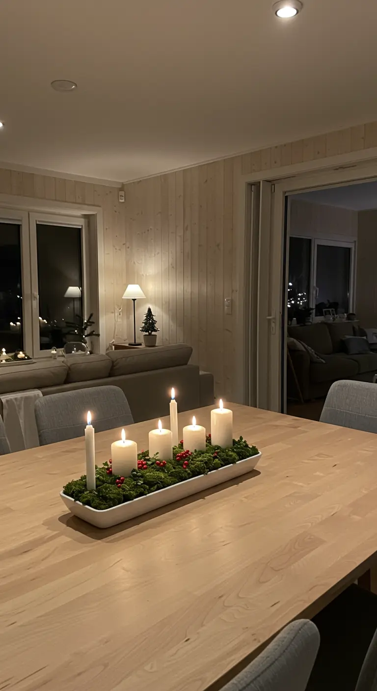 Centre de table nordique avec mousse verte, bougies blanches et baies rouges sur un plateau blanc.