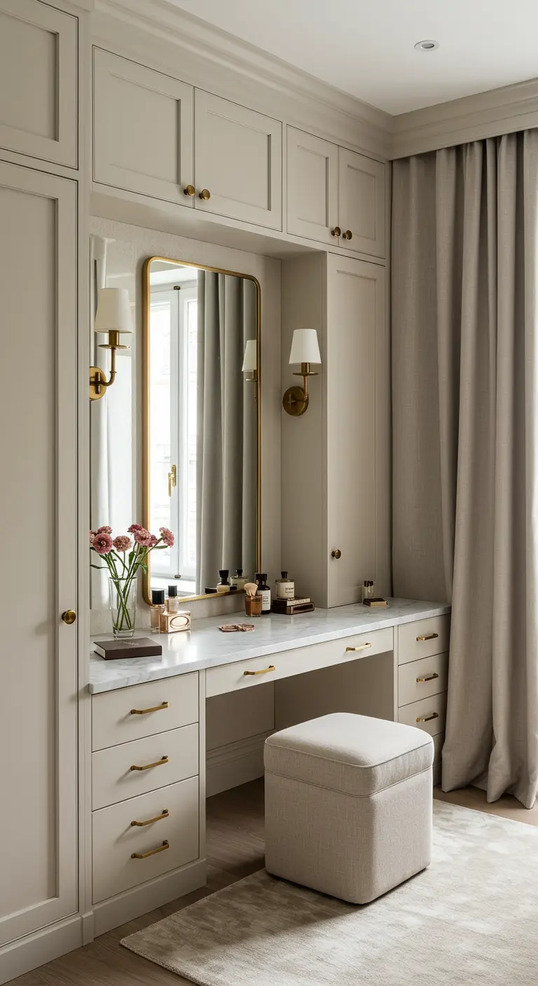 Coiffeuse encastrée beige avec plateau marbre, miroir rectangulaire doré, appliques murales.