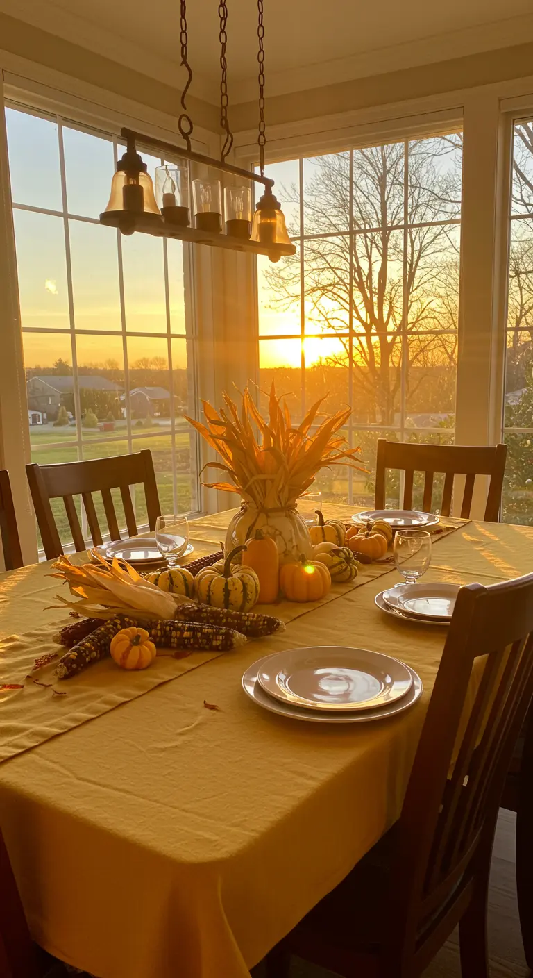Table d'automne baignée de lumière dorée avec nappe ocre et maïs séché.