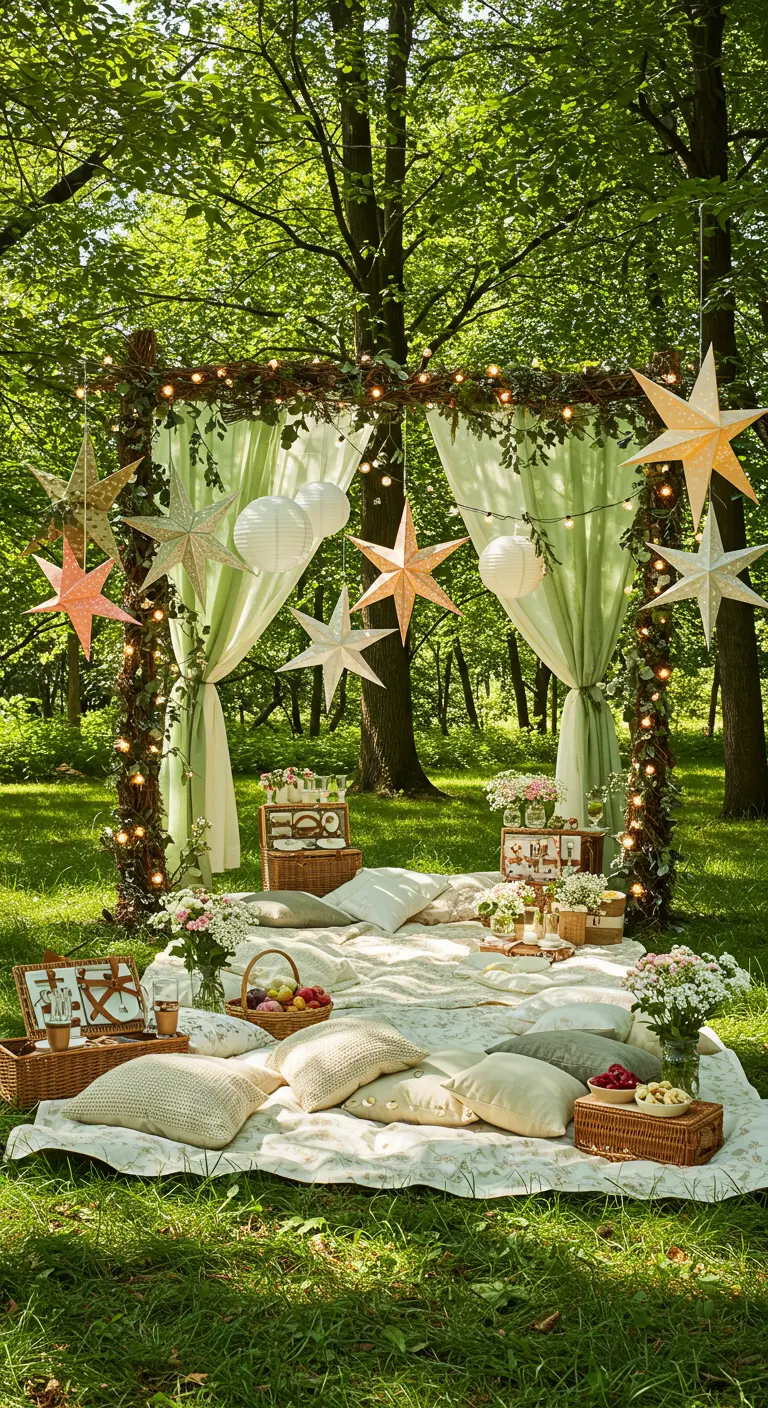 Un brunch printanier en forêt avec une arche en bois, des étoiles lumineuses et des coussins au sol.