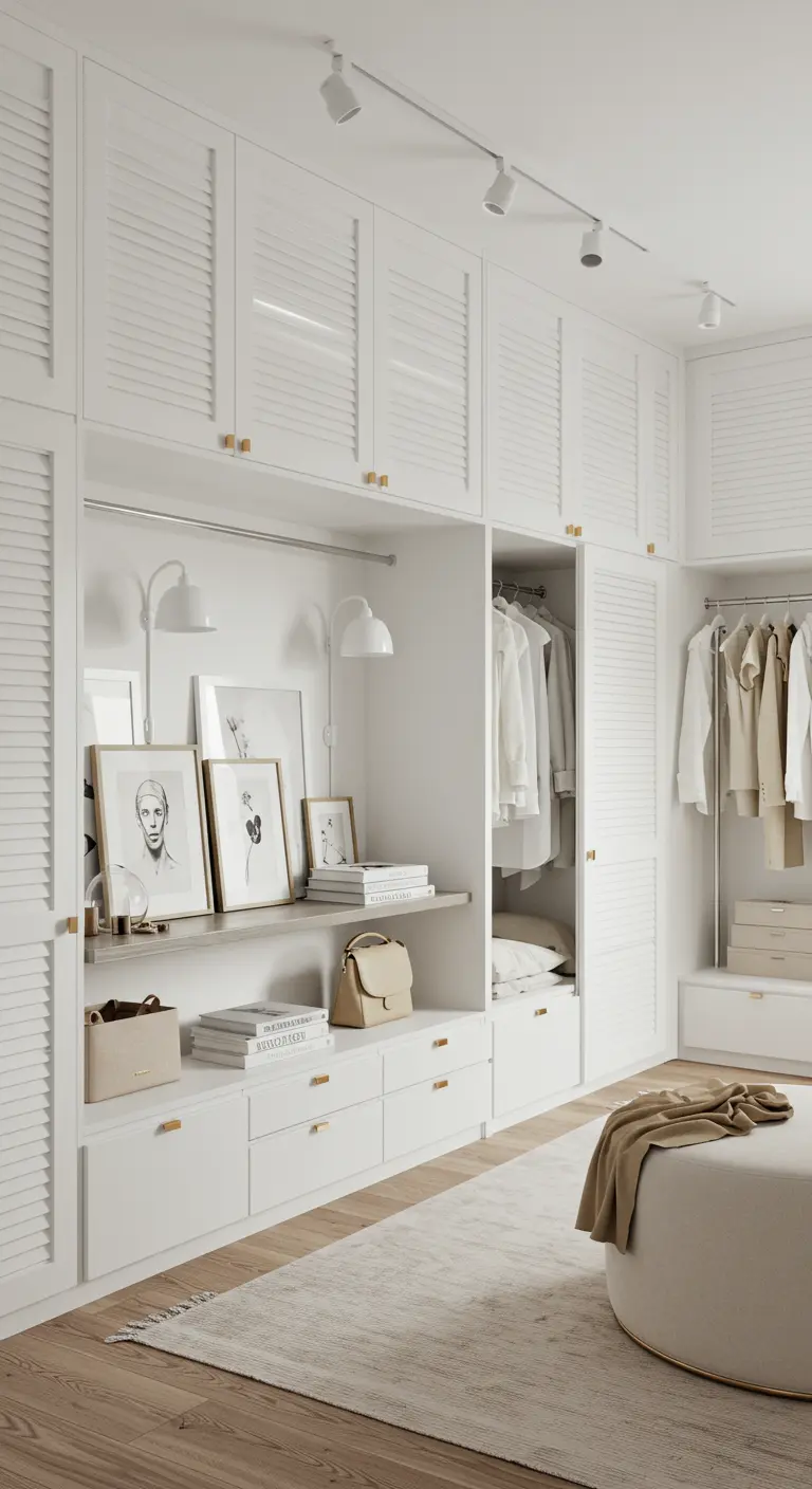 Dressing blanc avec portes persiennes, étagères décorées, spots et pouf rond.