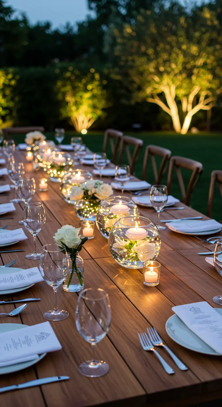 Longue table extérieure la nuit, décorée de vases boules avec roses flottantes et lumières.