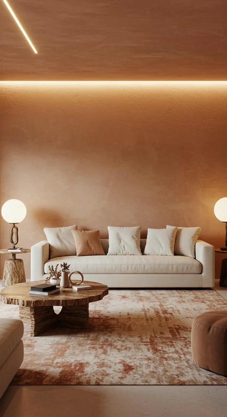 Salon minimaliste avec éclairage LED indirect sur un mur terracotta texturé.