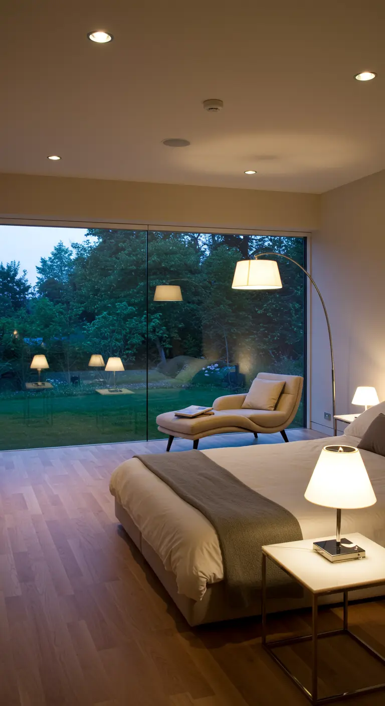 Chambre lumineuse avec grande fenêtre donnant sur la verdure, lampes de chevet et lampe sur pied arquée.