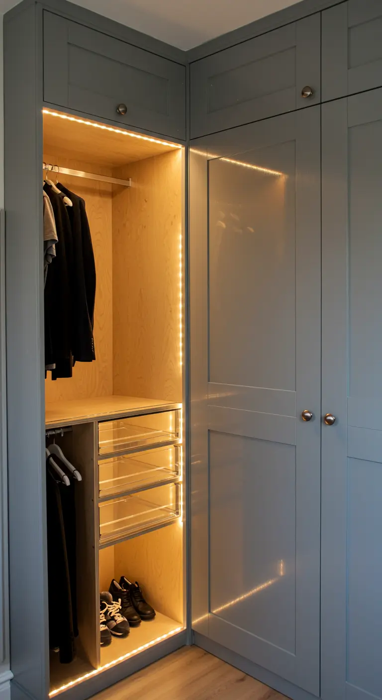 Dressing gris avec éclairage LED intégré dans les modules et tiroirs transparents.