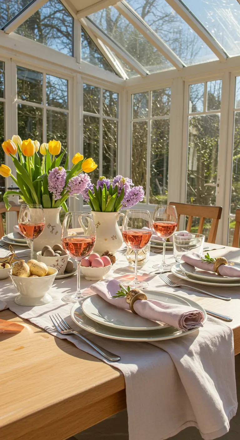 Table de printemps ensoleillée dans une véranda, avec des verres de vin rosé et des fleurs fraîches.