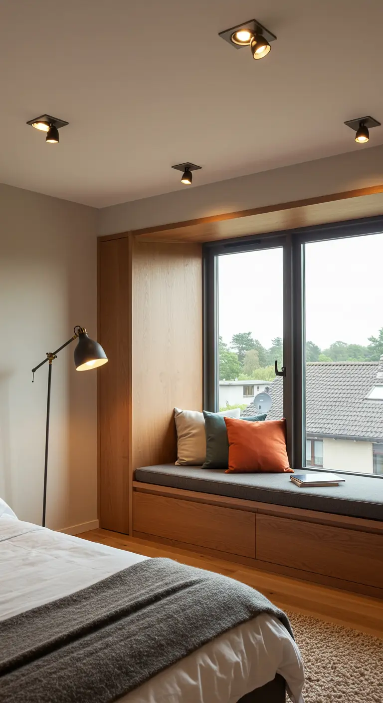 Banquette sous fenêtre éclairée par un lampadaire de lecture et des spots.