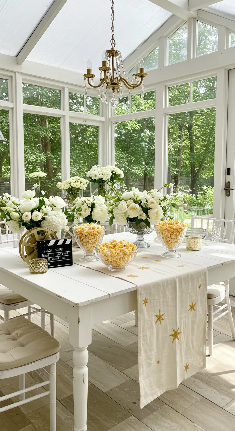 Table blanche et lumineuse dans une véranda avec fleurs fraîches, bobine de film dorée et clapperboard.