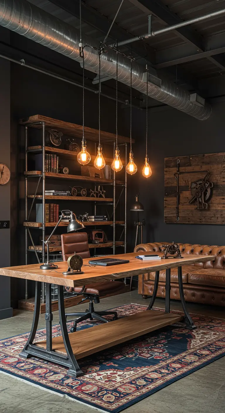 Bureau sombre avec des ampoules Edison suspendues, une bibliothèque en métal et un canapé en cuir.