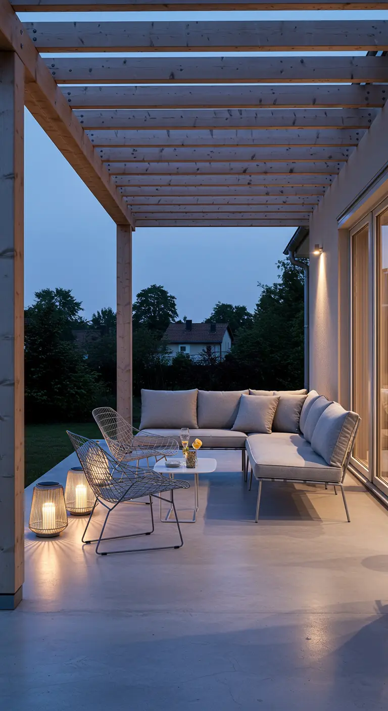 Salon d'extérieur sous une pergola, éclairé par des lanternes posées au sol la nuit.