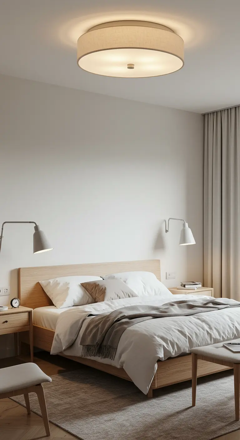 Chambre scandinave lumineuse avec lit en bois clair, plafonnier circulaire en tissu et deux appliques murales.