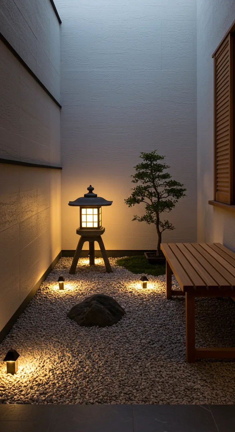 Petit patio zen avec lanterne japonaise, gravier, bonsaï et banc en bois éclairés.