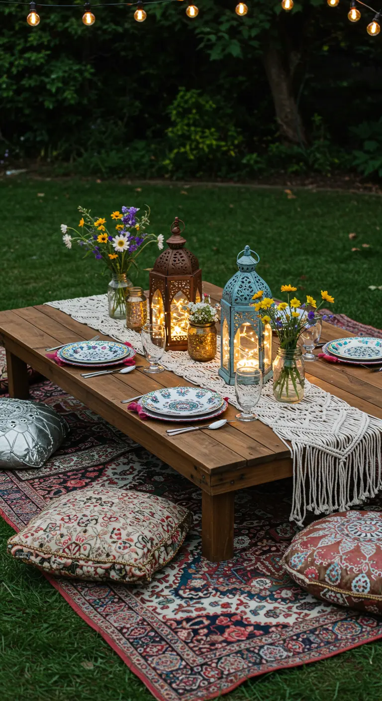 Lanternes marocaines illuminées par des guirlandes sur une table de pique-nique bohème.