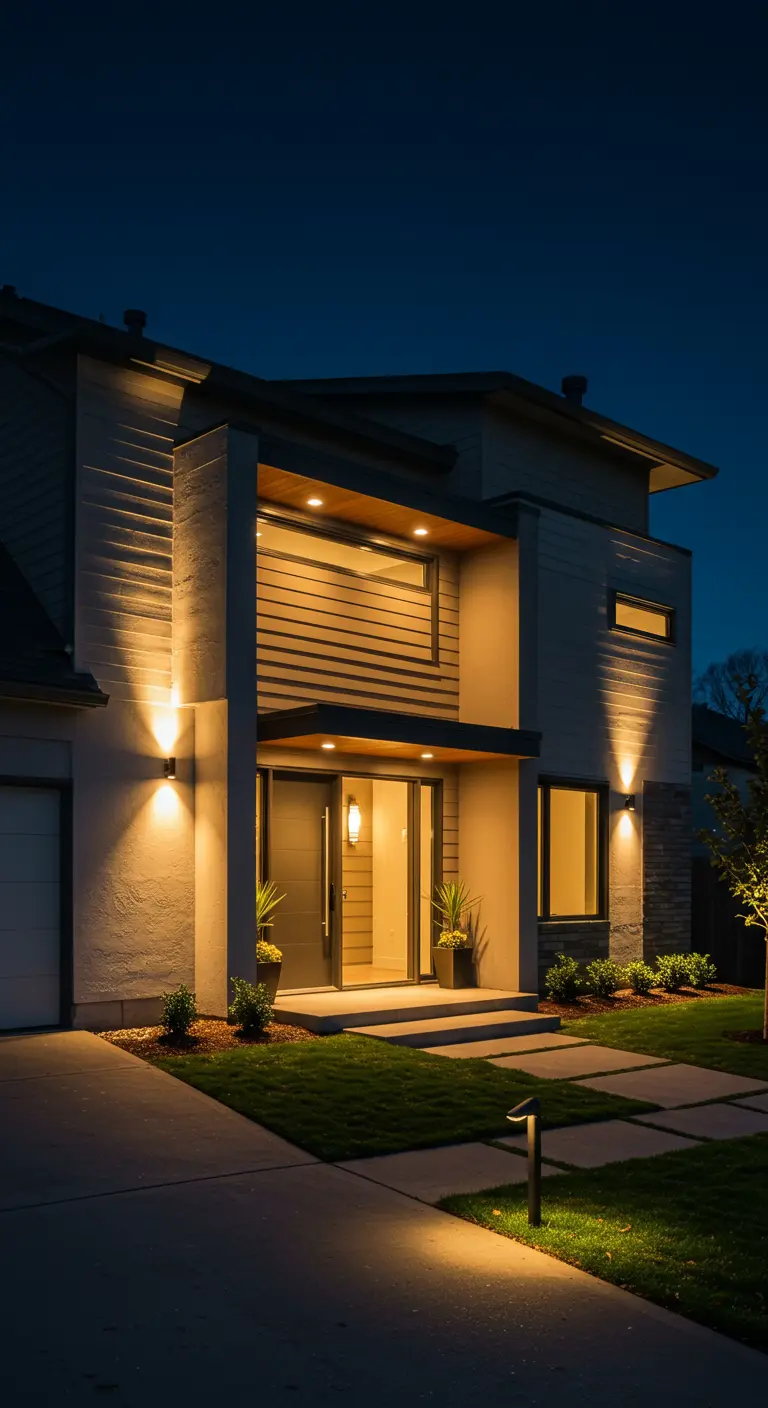 Façade moderne avec éclairage d'accentuation discret, spots et balises lumineuses le long de l'allée.