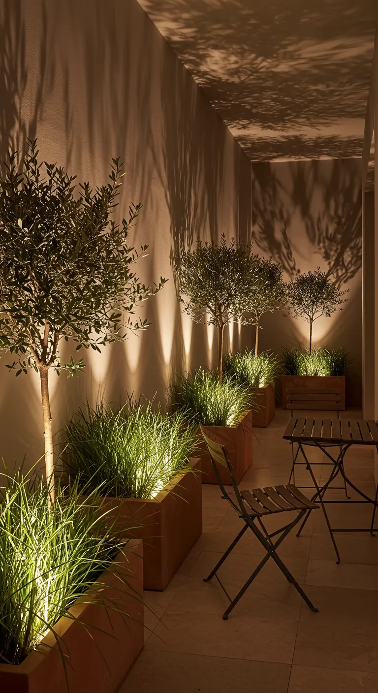 Allée extérieure avec des arbres en pot et des plantes éclairés par des spots encastrés, créant des ombres.