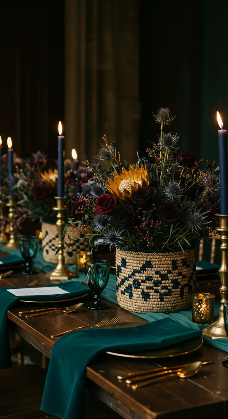 Dîner en extérieur au crépuscule, longues tables avec centres de table discrets et guirlandes lumineuses.