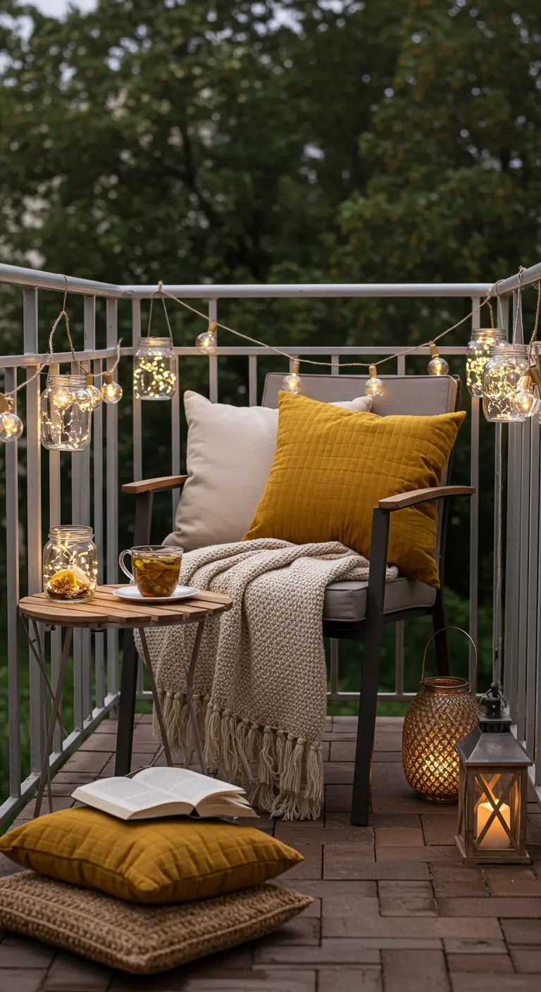 Balcon cosy avec fauteuil, coussins jaunes, plaid, lanternes et guirlandes lumineuses avec bocaux en verre.