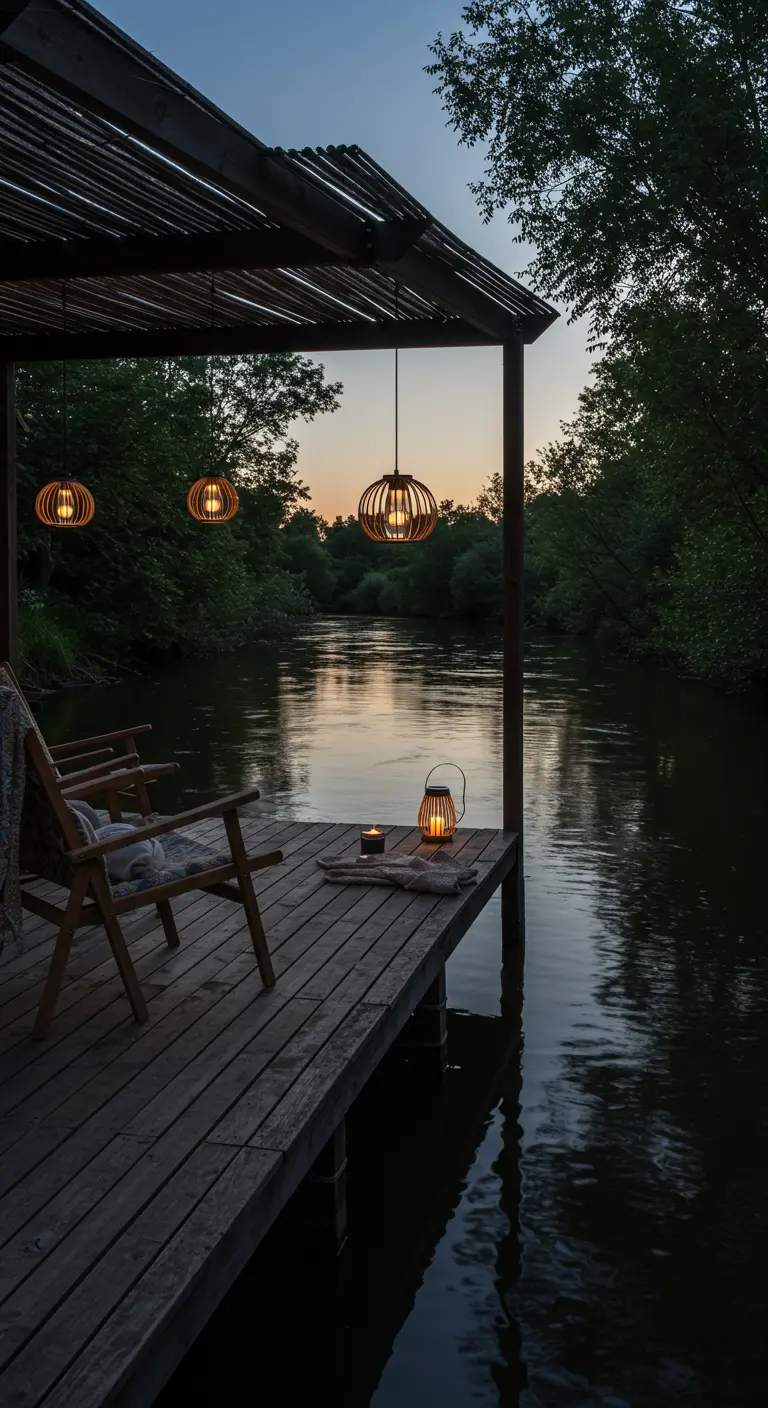 Ponton en bois au bord d'une rivière avec lampions en bois suspendus et une lanterne.