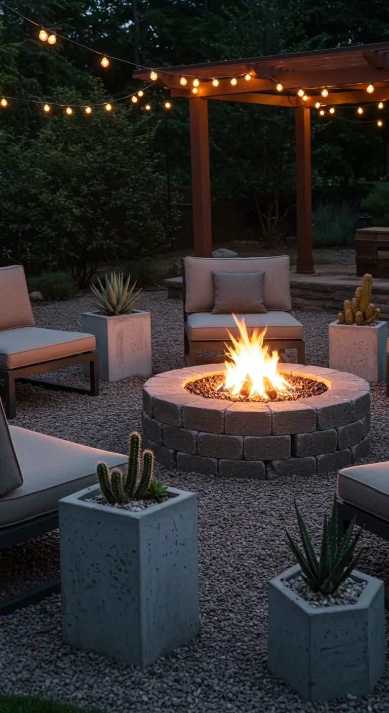 Espace extérieur avec brasero, chaises, et pots en béton cubiques/octogonaux avec succulentes et cactus, guirlandes lumineuses.