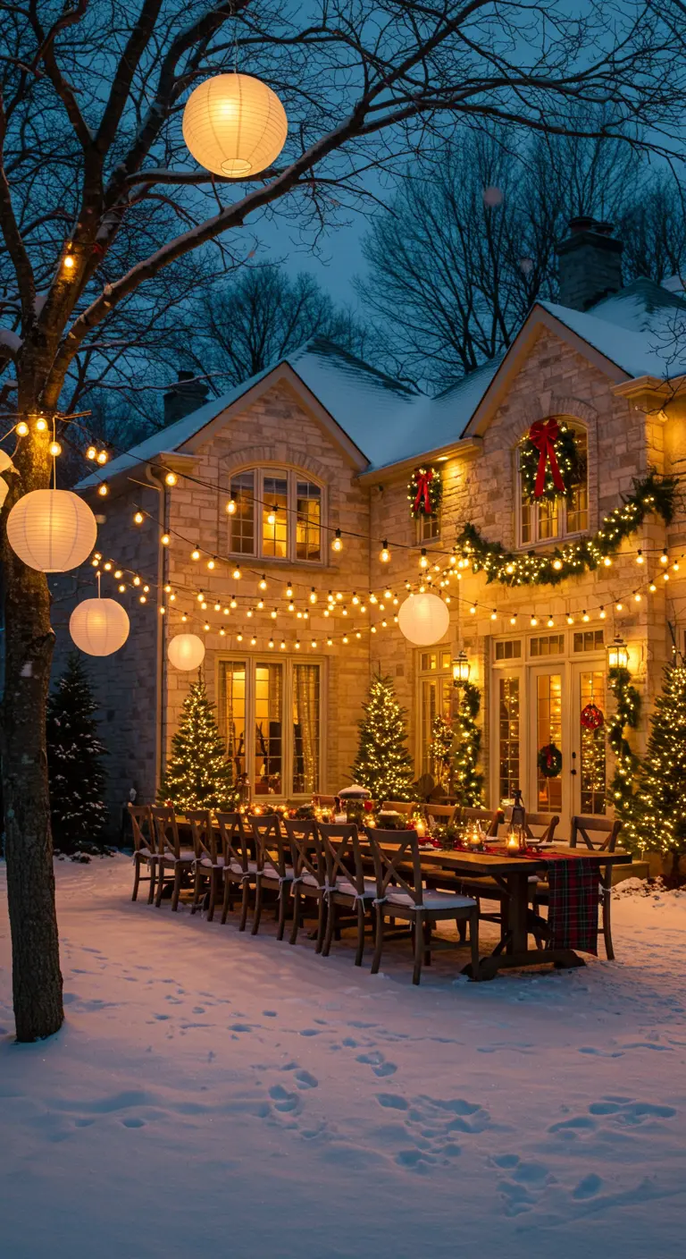 Table de Noël extérieure sous la neige, illuminée de guirlandes et lampions, avec sapins décorés.