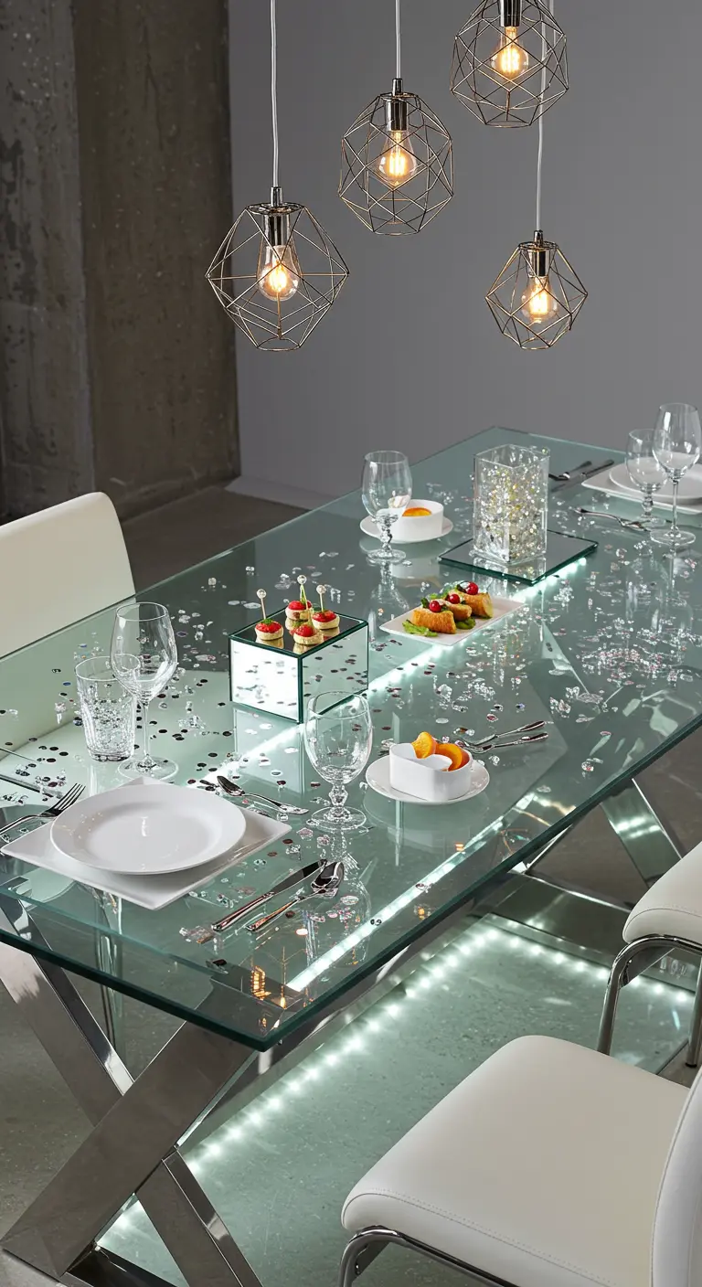 Table en verre moderne éclairée par LED, suspensions géométriques et paillettes dispersées.