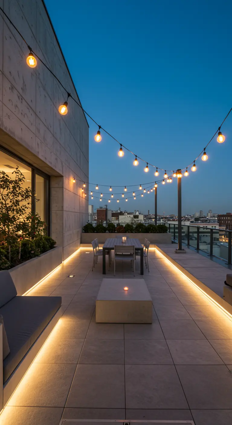 Terrasse minimaliste avec guirlandes lumineuses, éclairage LED intégré et mobilier épuré, vue sur la ville.