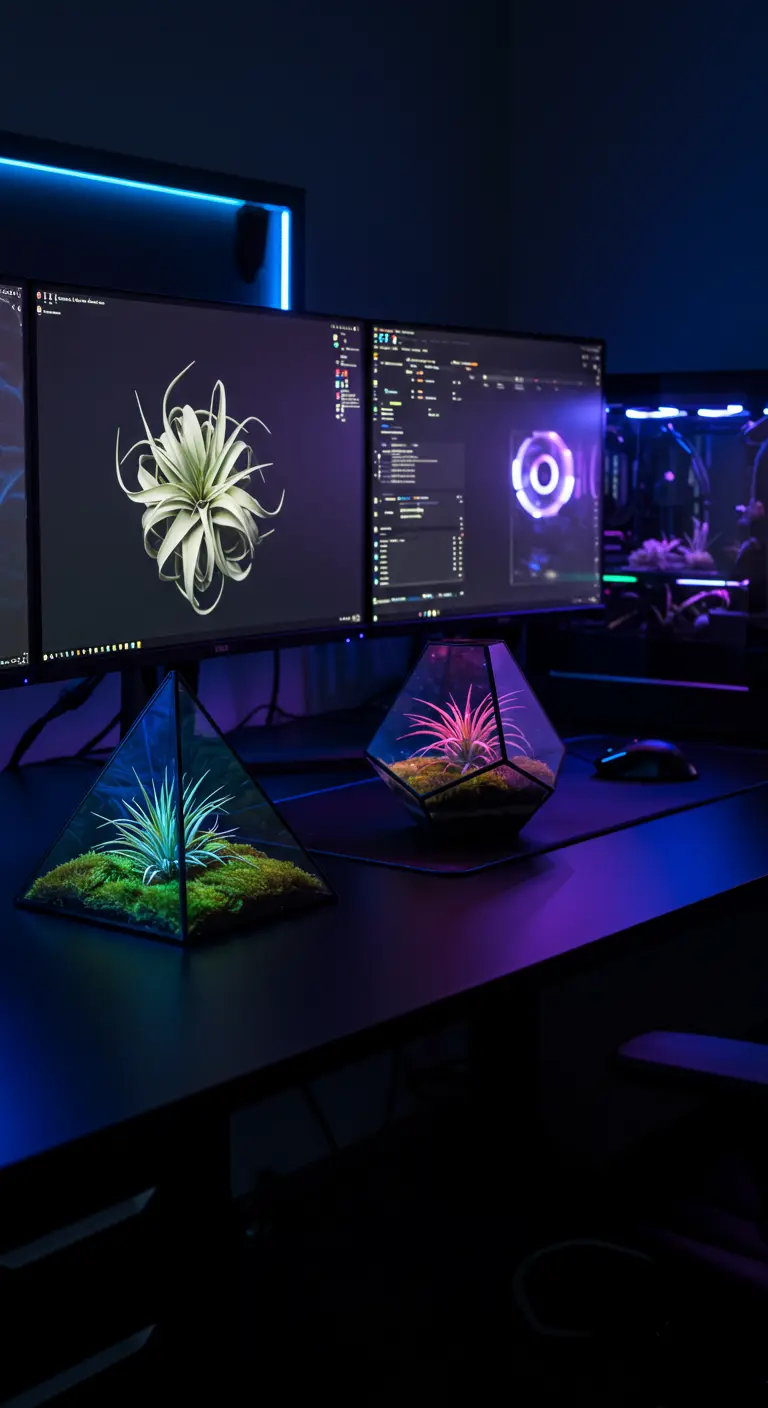 Terrariums géométriques avec plantes aériennes éclairées par des néons roses et bleus sur un bureau d'ordinateur.