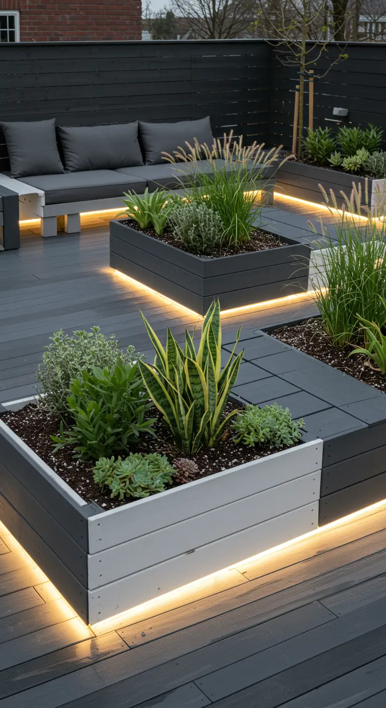 Jardinières surélevées modernes grises et blanches avec bandes LED intégrées, plantes grasses.