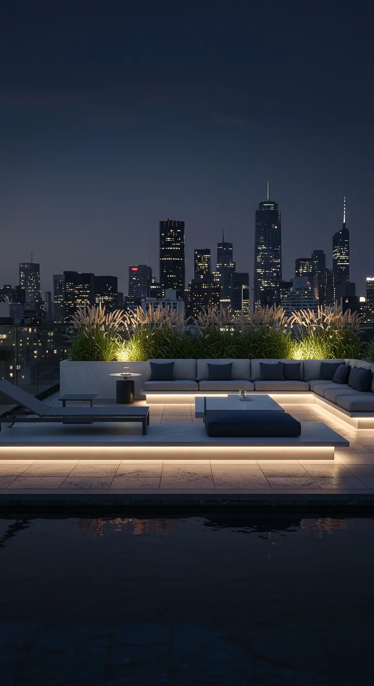 Rooftop moderne avec lumières LED, banquettes modulables, graminées, skyline urbaine la nuit.