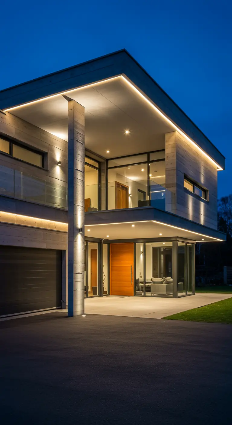 Façade moderne avec éclairage intégré LED et spots muraux, créant une ambiance élégante.